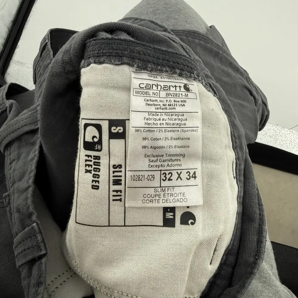 Mens Grey Carhartt Rugged Flex Slim Fit Canvas 5 Pocket Tapered Work Pants 32x34